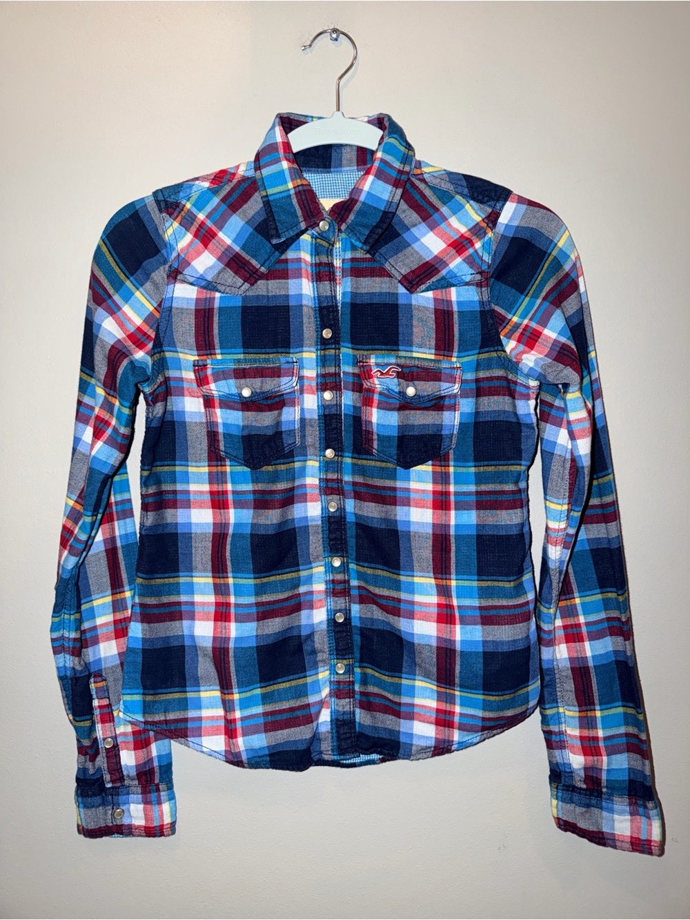 Hollister RARE Plaid Western Pearl Snap Flannel Shirt Blue Red